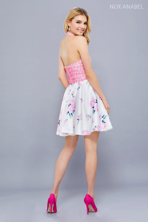 Pink High Halter Neckline Floral Print A-Line Short Dress 6226 By Anabel by Nox Anabel – alternate view 4
