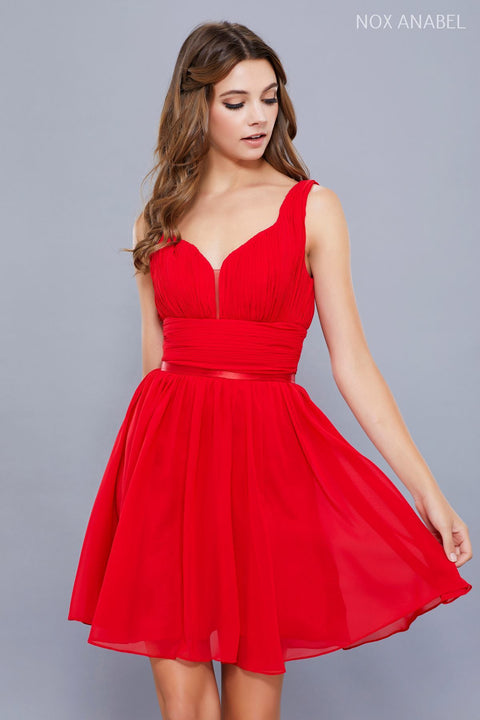 A-Line V-Neckline Sheer Inset Short Dress with Ruching 6242 by Nox Anabel - sheerdreamz