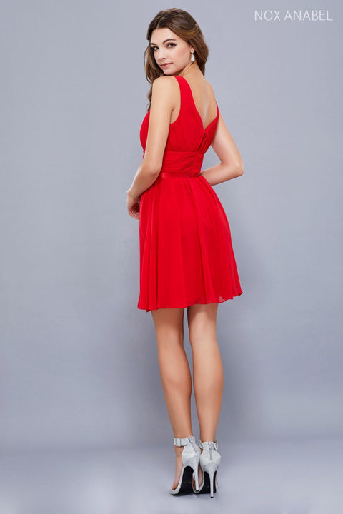 A-Line V-Neckline Sheer Inset Short Dress with Ruching 6242 by Nox Anabel - sheerdreamz