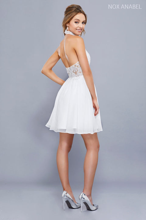 Ornate Lace Appliqued Illusion Halter Open Back Dress 6308 by Nox Anabel