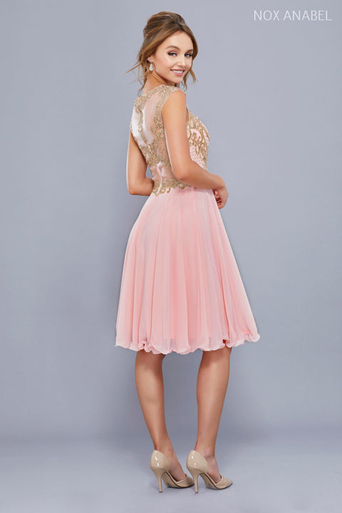 Illusion Gilded Lace Applique A-Line Short Skirt Prom Dress 6321 by Nox Anabel