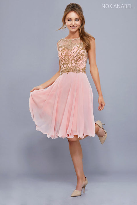 Illusion Gilded Lace Applique A-Line Short Skirt Prom Dress 6321 by Nox Anabel
