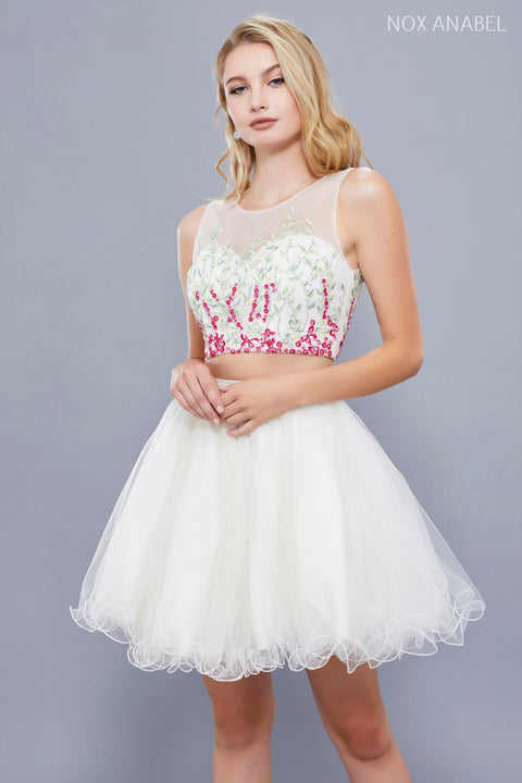 Short Two Piece Embroidered Ivory Floral 6352 by Nox Anabel