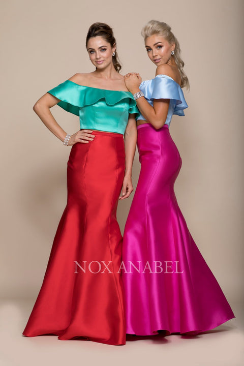 Two Piece Off-Shoulder Wave Overlay Mermaid Prom Dress Q129 by Nox Anabel