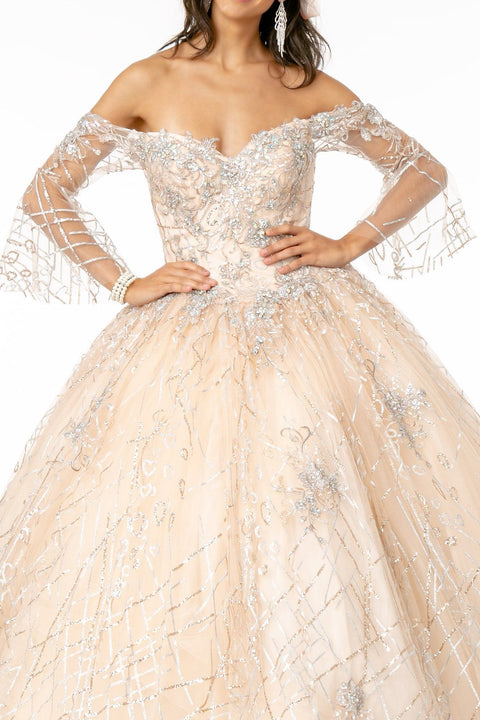 Elizabeth K GL2911's Ball Gown with Off-Shoulder Design, Glitter, and Bell Sleeves