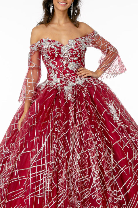 Elizabeth K GL2911's Ball Gown with Off-Shoulder Design, Glitter, and Bell Sleeves