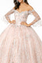 Elizabeth K GL2911's Ball Gown with Off-Shoulder Design, Glitter, and Bell Sleeves