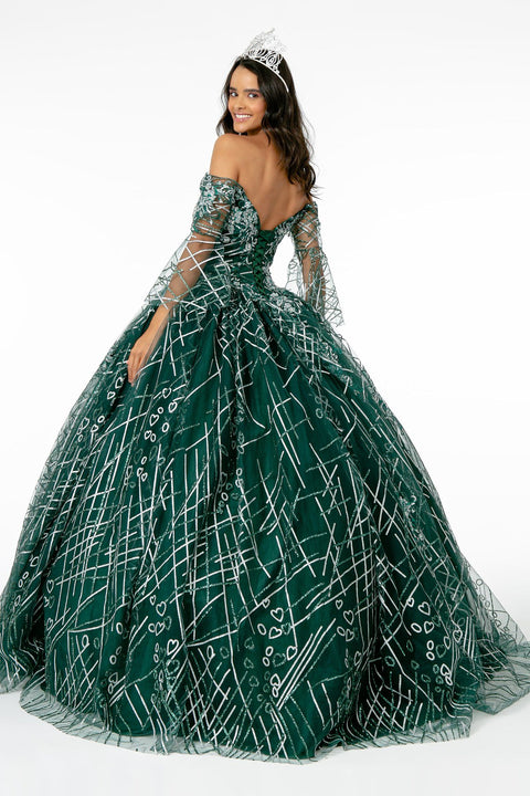 Elizabeth K GL2911's Ball Gown with Off-Shoulder Design, Glitter, and Bell Sleeves