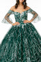 Elizabeth K GL2911's Ball Gown with Off-Shoulder Design, Glitter, and Bell Sleeves