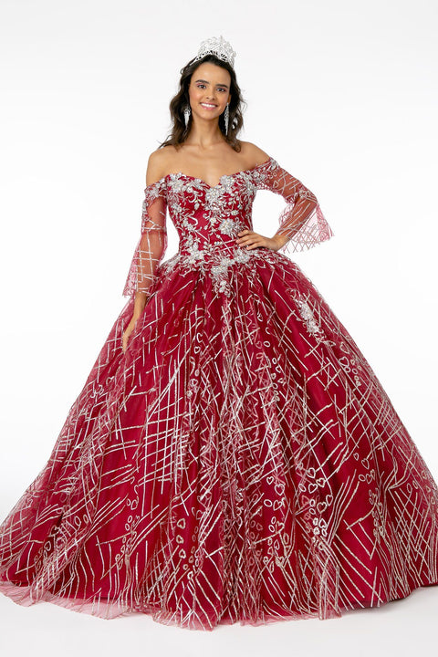 Elizabeth K GL2911's Ball Gown with Off-Shoulder Design, Glitter, and Bell Sleeves