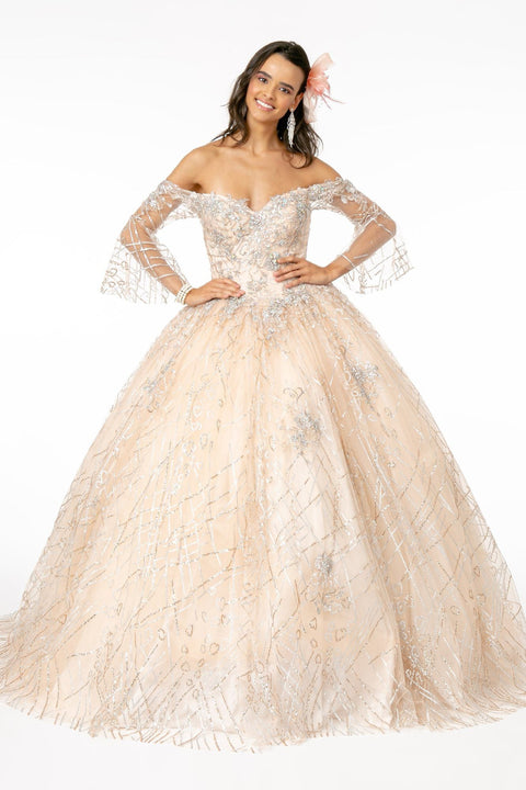 Elizabeth K GL2911's Ball Gown with Off-Shoulder Design, Glitter, and Bell Sleeves