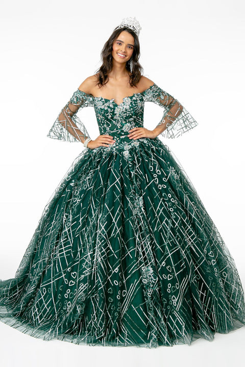 Elizabeth K GL2911's Ball Gown with Off-Shoulder Design, Glitter, and Bell Sleeves