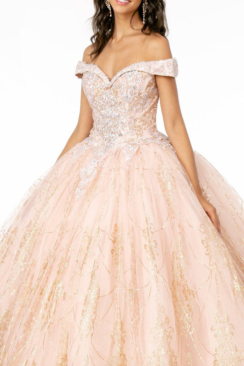 Elizabeth K GL2910's Ball Gown with Off-Shoulder Design and Glitter Print
