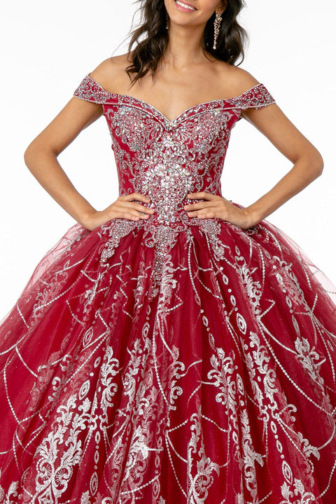 Elizabeth K GL2910's Ball Gown with Off-Shoulder Design and Glitter Print