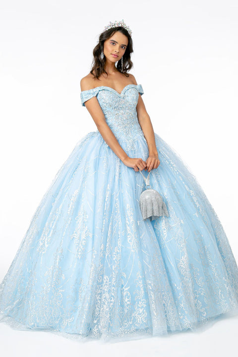 Elizabeth K GL2910's Ball Gown with Off-Shoulder Design and Glitter Print