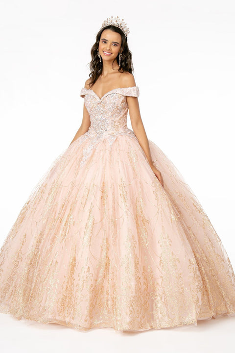 Elizabeth K GL2910's Ball Gown with Off-Shoulder Design and Glitter Print
