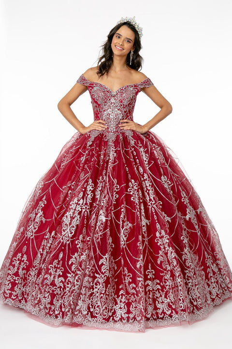 Elizabeth K GL2910's Ball Gown with Off-Shoulder Design and Glitter Print