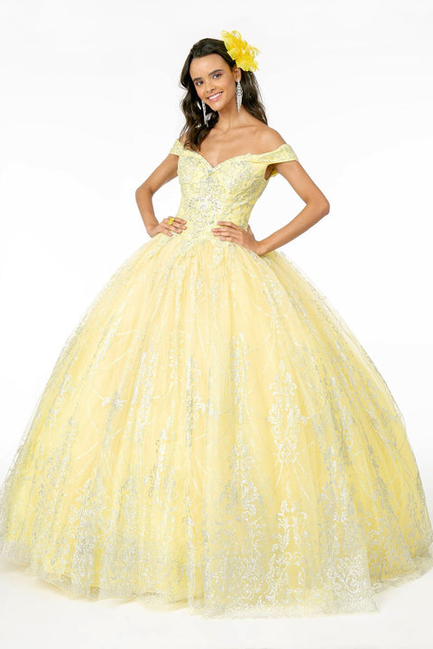 Elizabeth K GL2910's Ball Gown with Off-Shoulder Design and Glitter Print
