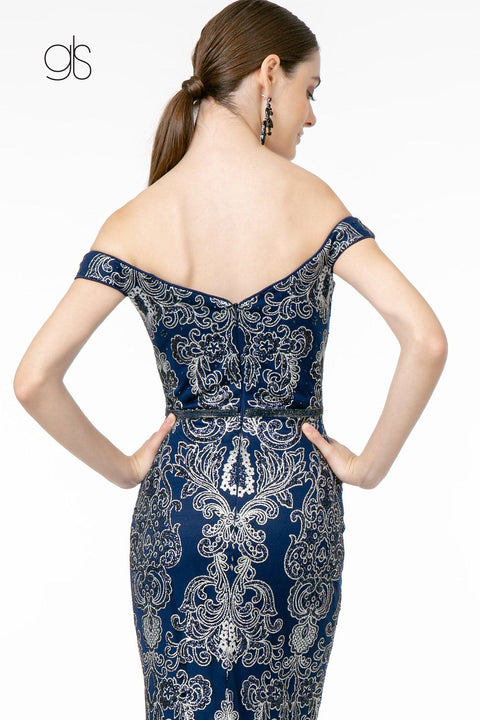 Elizabeth K GL2922's Mermaid Dress with Off-Shoulder Design and Glitter Print