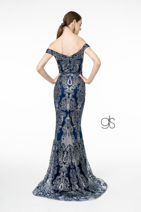 Elizabeth K GL2922's Mermaid Dress with Off-Shoulder Design and Glitter Print