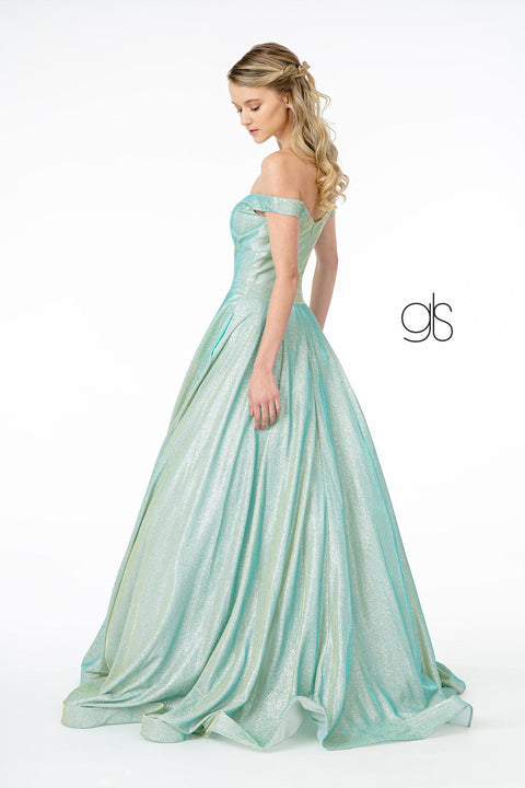 Elizabeth K GL2904's Long Off-Shoulder Dress with Iridescent Glitter