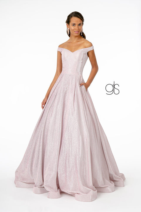 Elizabeth K GL2904's Long Off-Shoulder Dress with Iridescent Glitter