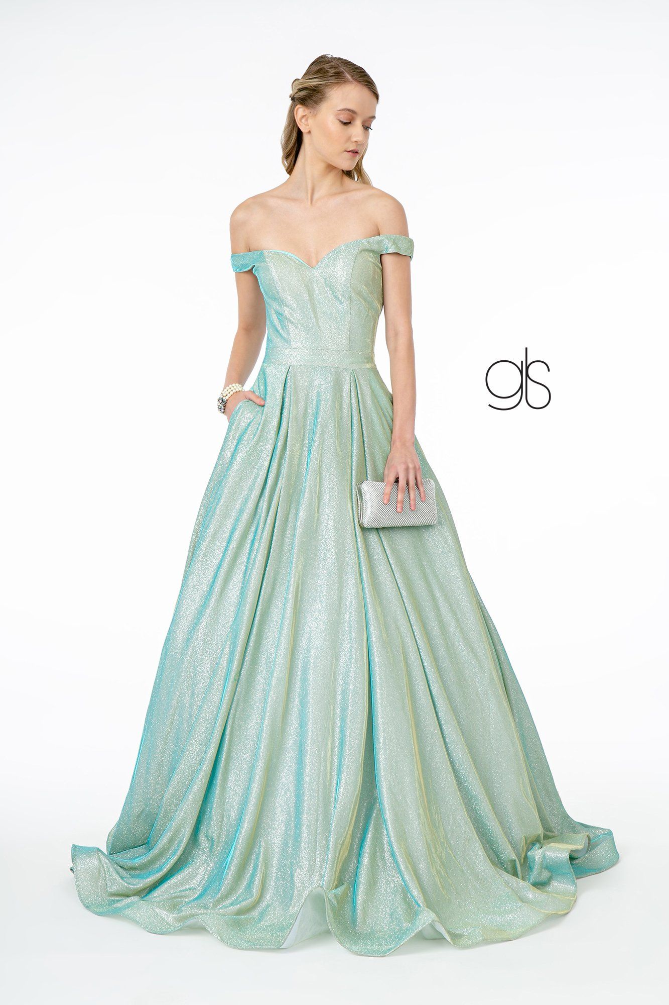Elizabeth K GL2904's Long Off-Shoulder Dress with Iridescent Glitter sheerdreamz Elizabeth K GL2904's Long Off-Shoulder Dress with Iridescent Glitter sheerdreamz