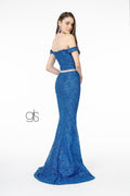 Elizabeth K GL1829's Long Off-Shoulder Dress with Metallic Floral Lace