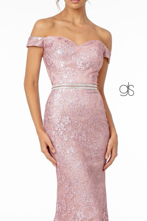 Elizabeth K GL1829's Long Off-Shoulder Dress with Metallic Floral Lace