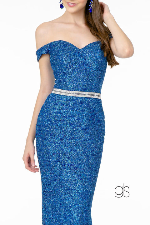 Elizabeth K GL1829's Long Off-Shoulder Dress with Metallic Floral Lace