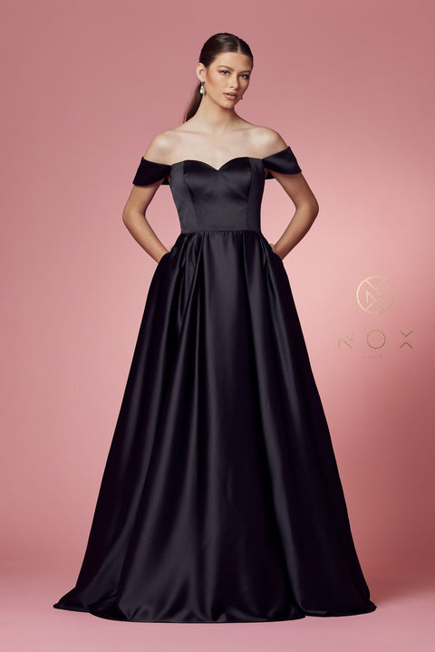 Satin Off Shoulder Pocket Gown by Nox Anabel R1032