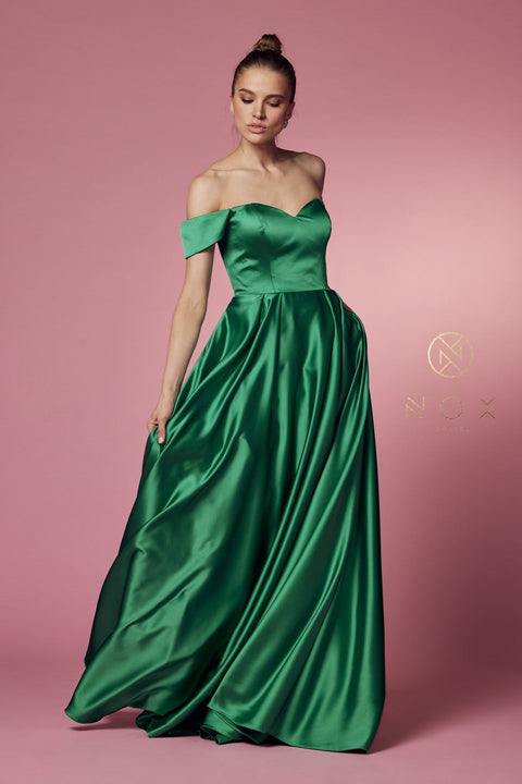Satin Off Shoulder Pocket Gown by Nox Anabel R1032