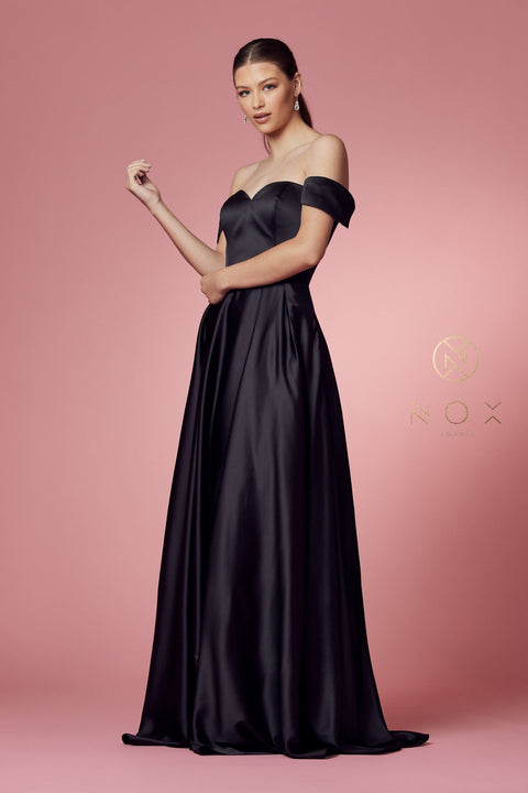 Satin Off Shoulder Pocket Gown by Nox Anabel R1032