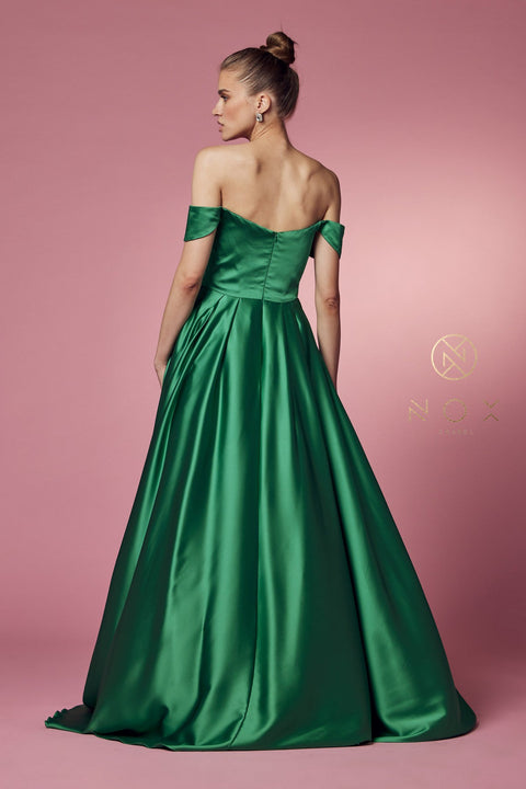 Satin Off Shoulder Pocket Gown by Nox Anabel R1032