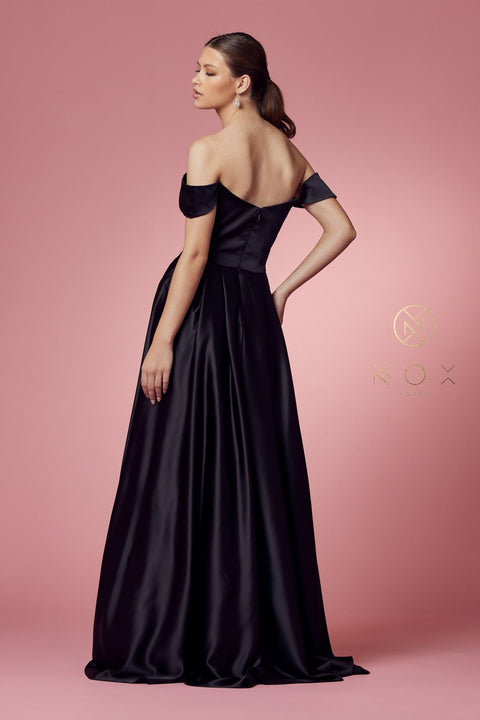 Satin Off Shoulder Pocket Gown by Nox Anabel R1032