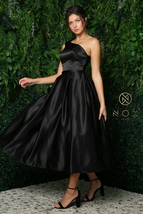 One Shoulder Tea Length Dress by Nox Anabel JE931