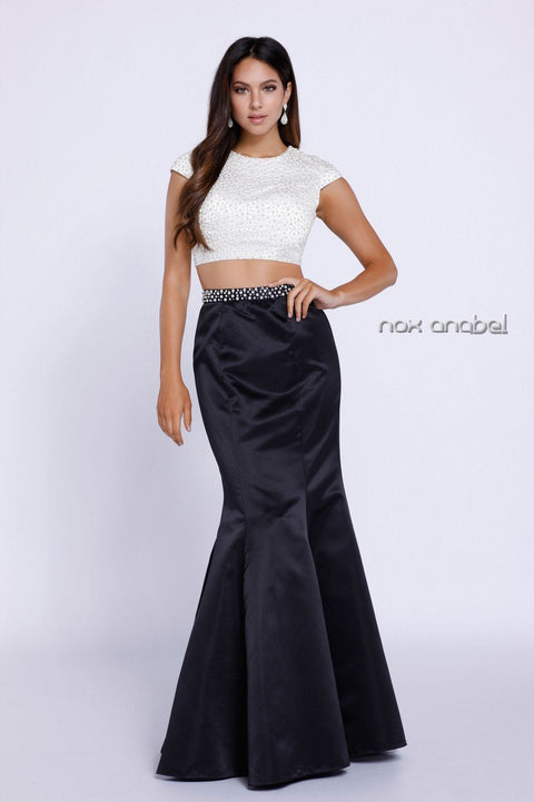 Cap Sleeve Crop Top Mermaid Dress with Beads by Nox Anabel 8227