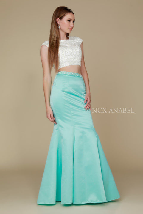 Cap Sleeve Crop Top Mermaid Dress with Beads by Nox Anabel 8227
