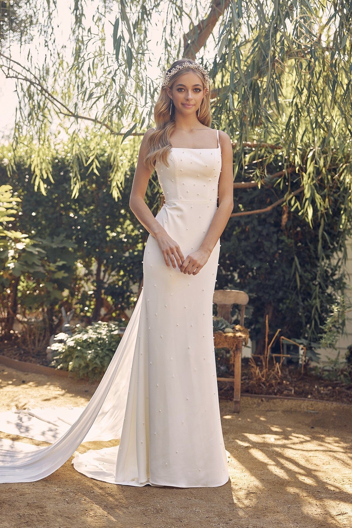 beaded sleeveless wedding dress Beaded Lace Strap V Neckline High Slit Wedding Gown main image 1