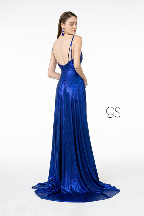 Elizabeth K GL2927's Long A-Line Metallic Dress with Pleats and Slit