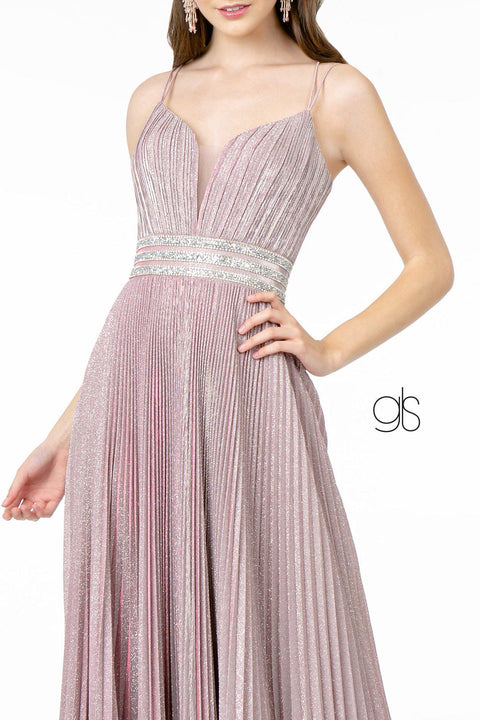 Elizabeth K GL2905's Long A-Line Dress with Metallic Glitter and Pleats
