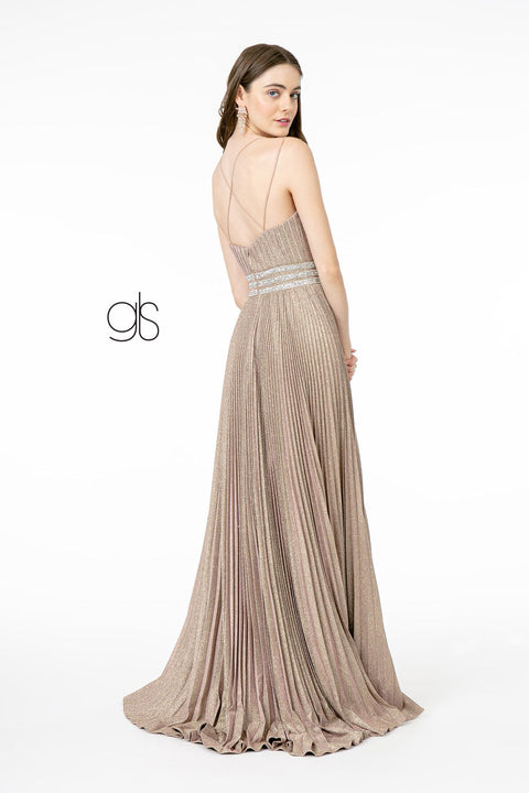 Elizabeth K GL2905's Long A-Line Dress with Metallic Glitter and Pleats