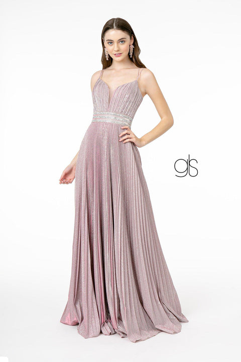 Elizabeth K GL2905's Long A-Line Dress with Metallic Glitter and Pleats