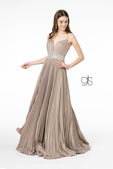 Elizabeth K GL2905's Long A-Line Dress with Metallic Glitter and Pleats