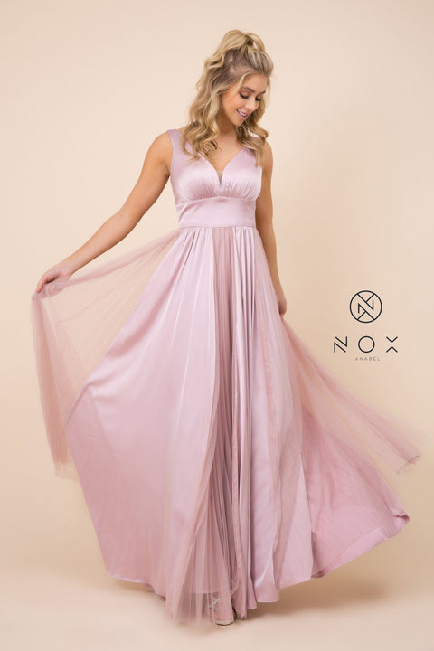 Sleeveless Pleated Long V-Neck Dress by Nox Anabel L340