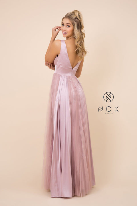 Sleeveless Pleated Long V-Neck Dress by Nox Anabel L340