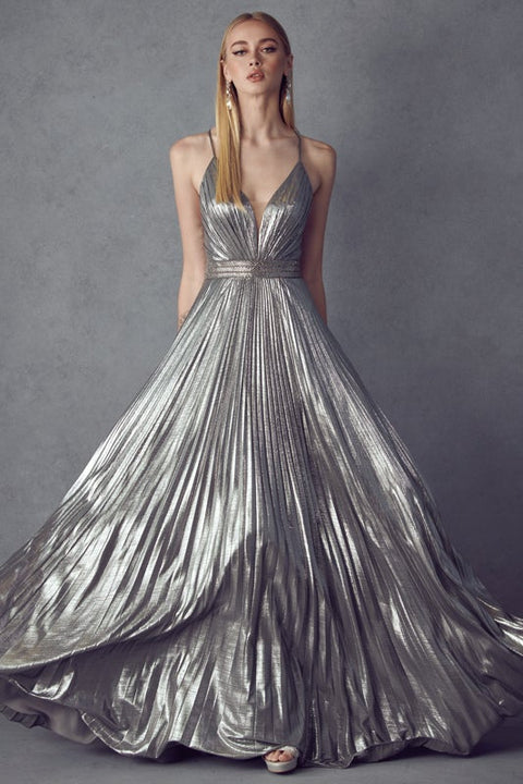 Long Pleated  V-Neck Metallic Dress by Juliet 226