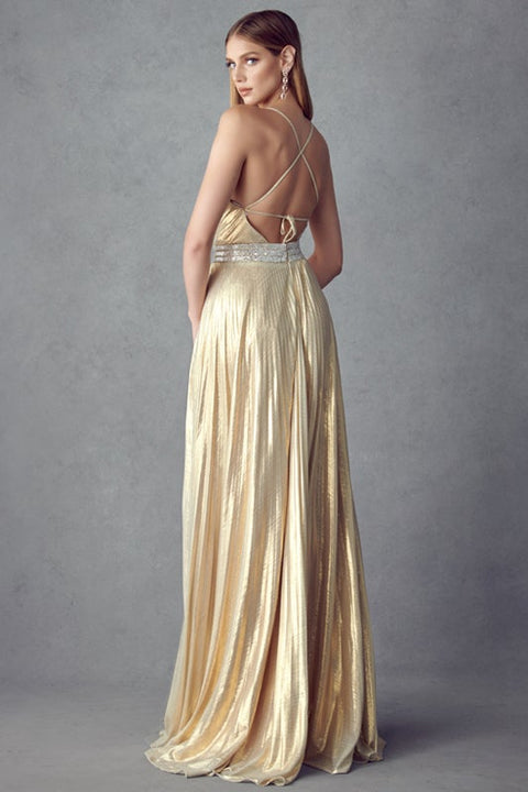 Long Pleated  V-Neck Metallic Dress by Juliet 226