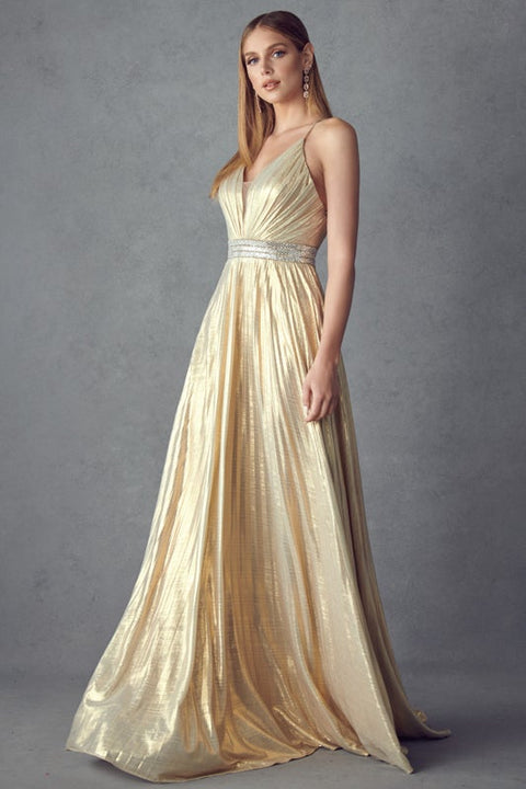 Long Pleated  V-Neck Metallic Dress by Juliet 226