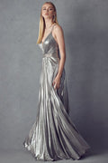 Long Pleated  V-Neck Metallic Dress by Juliet 226